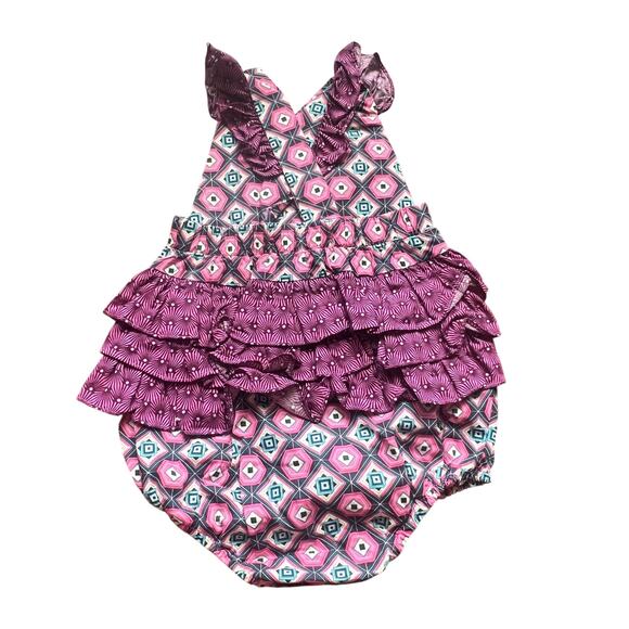 Ricrac &Ruffles Girls 12m Purple Pink Geometric Summer Bubble Romper Ruffle - Picture 2 of 7